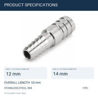 MC Motoparts 12mm to 14mm 304 stainless steel hose barb reducer joiner coupler, 50mm straight fitting