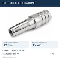 MC Motoparts 304 stainless steel 12mm to 15mm hose barb reducer joiner coupler, 50mm straight fitting