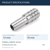 MC Motoparts 12mm to 16mm 304 stainless steel hose barb reducer joiner coupler, 50mm straight fitting specifications