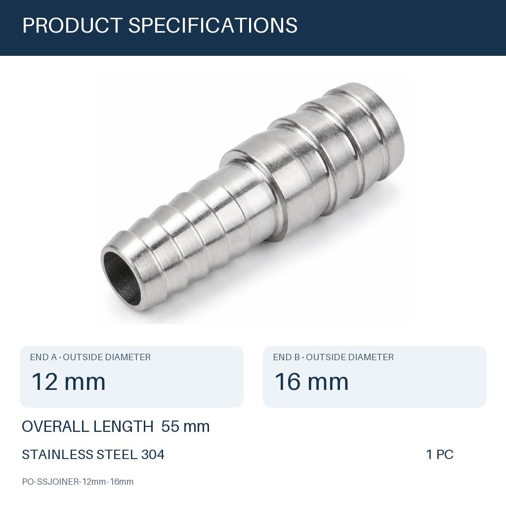 MC Motoparts 12mm to 16mm 304 stainless steel hose barb reducer joiner coupler, 50mm straight fitting specifications