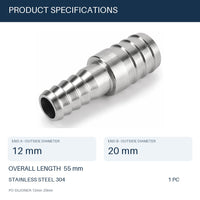 MC Motoparts 12mm to 20mm 304 stainless steel hose barb reducer adapter, 50mm straight fitting specs