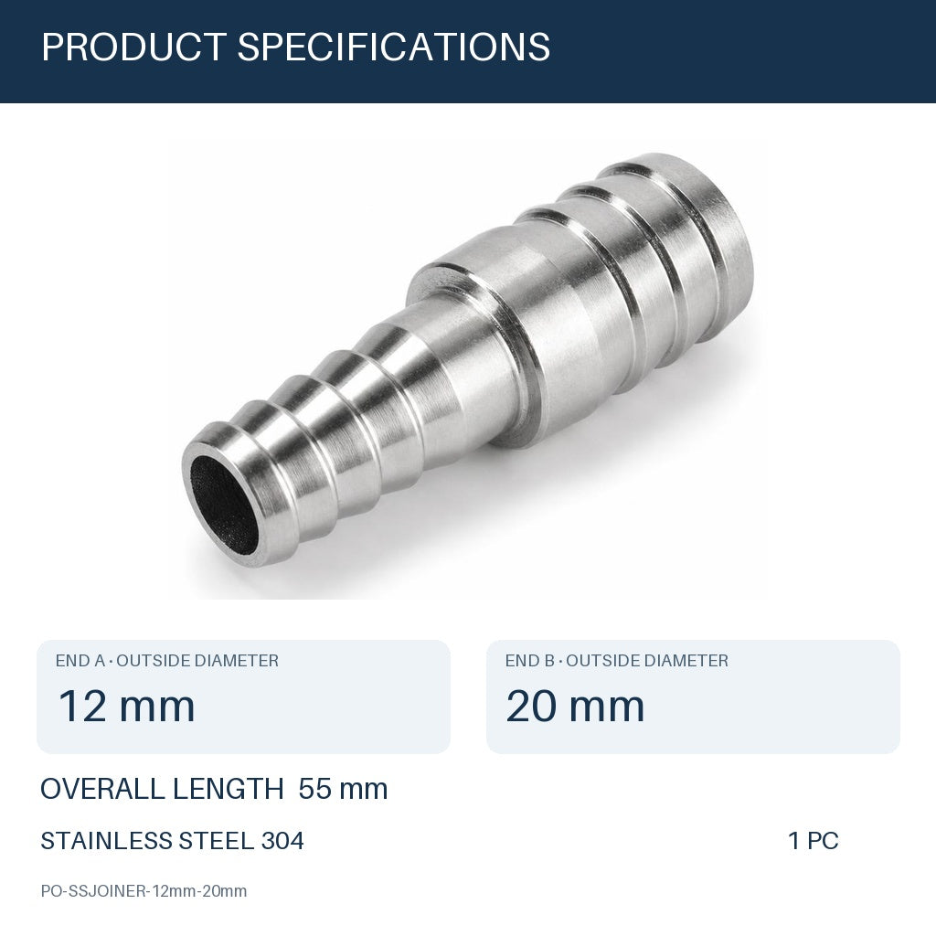 MC Motoparts 12mm to 20mm 304 stainless steel hose barb reducer adapter, 50mm straight fitting specs