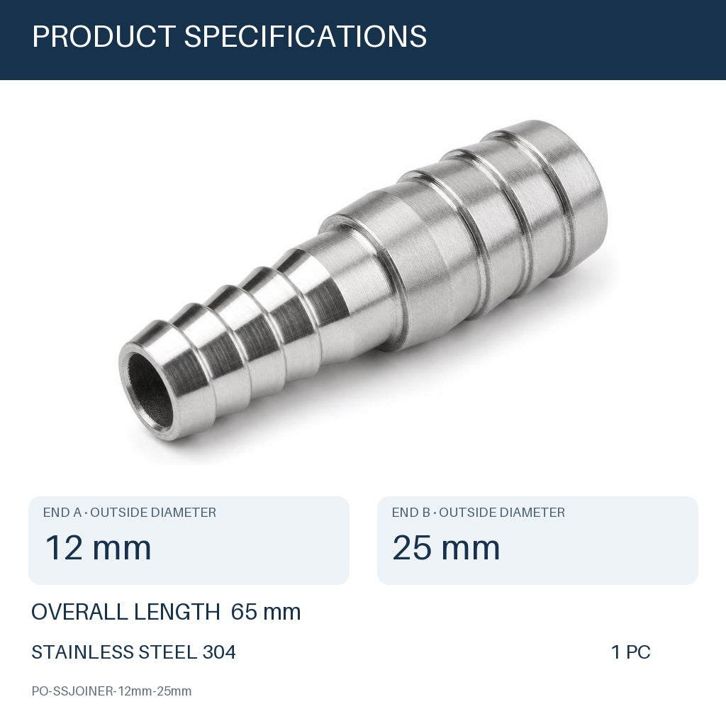 MC Motoparts 304 stainless steel 12mm to 25mm hose barb reducer joiner coupler, 50mm straight fitting