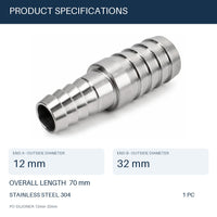 MC Motoparts 304 stainless steel hose barb reducer adapter, 12mm to 32mm straight joiner coupler