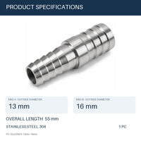 MC Motoparts 304 stainless steel hose barb reducer coupler, 13mm to 16mm, 50mm straight fitting dimensions