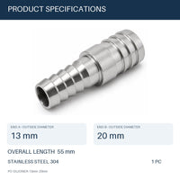 MC Motoparts 304 stainless steel hose barb reducer adapter, 13mm to 20mm straight 50mm joiner coupler specs