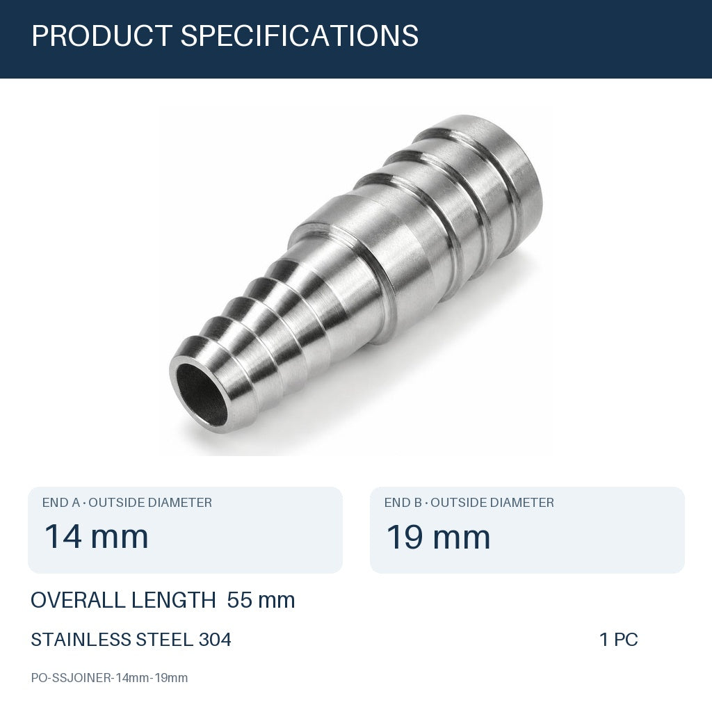 MC Motoparts 304 stainless steel hose barb reducer joiner, 14mm to 19mm, 50mm straight fitting