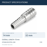MC Motoparts 304 stainless steel hose barb reducer adapter, 14mm to 32mm, 50mm straight fitting