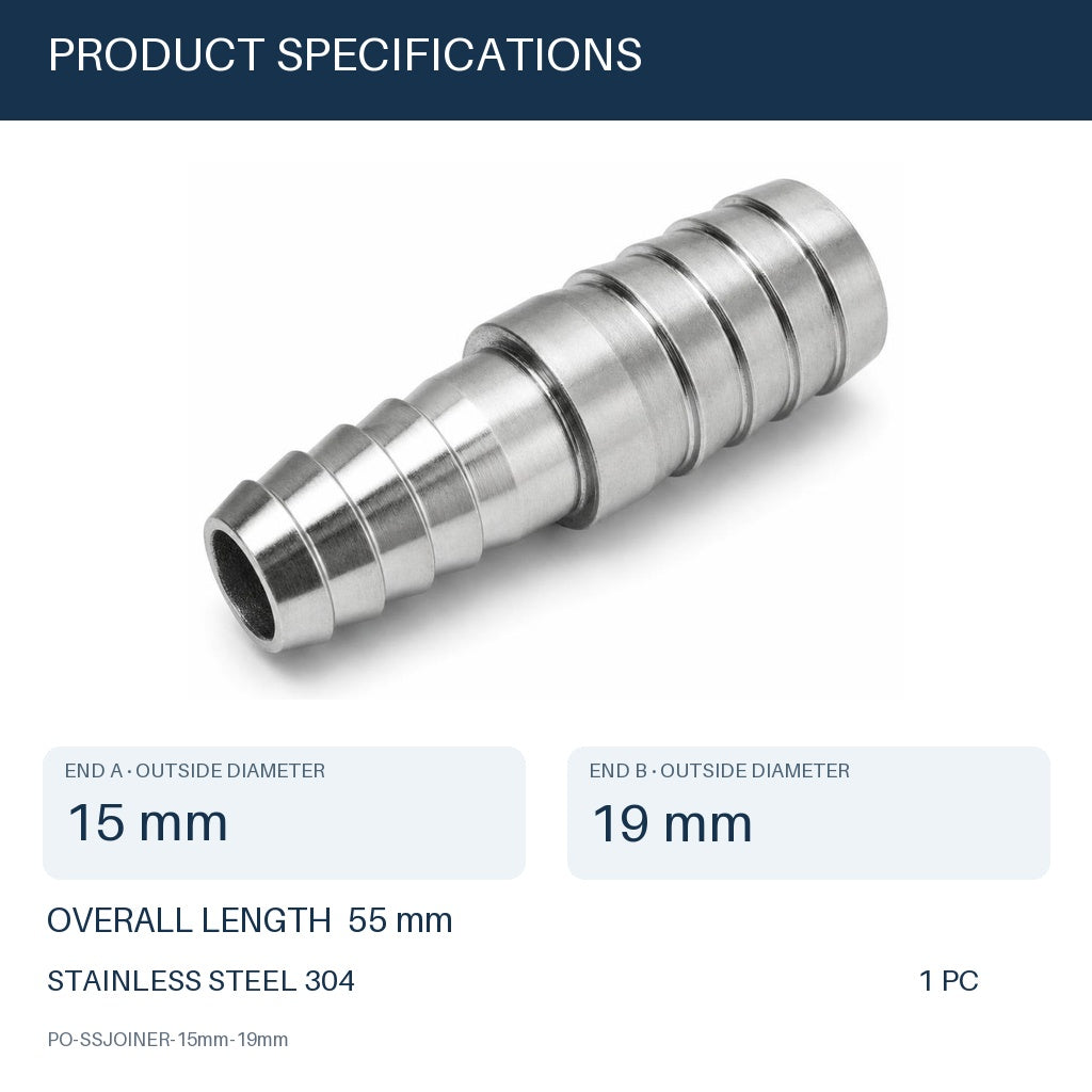 MC Motoparts 304 stainless steel hose barb reducer adapter, 15mm to 19mm straight 50mm coupler specs