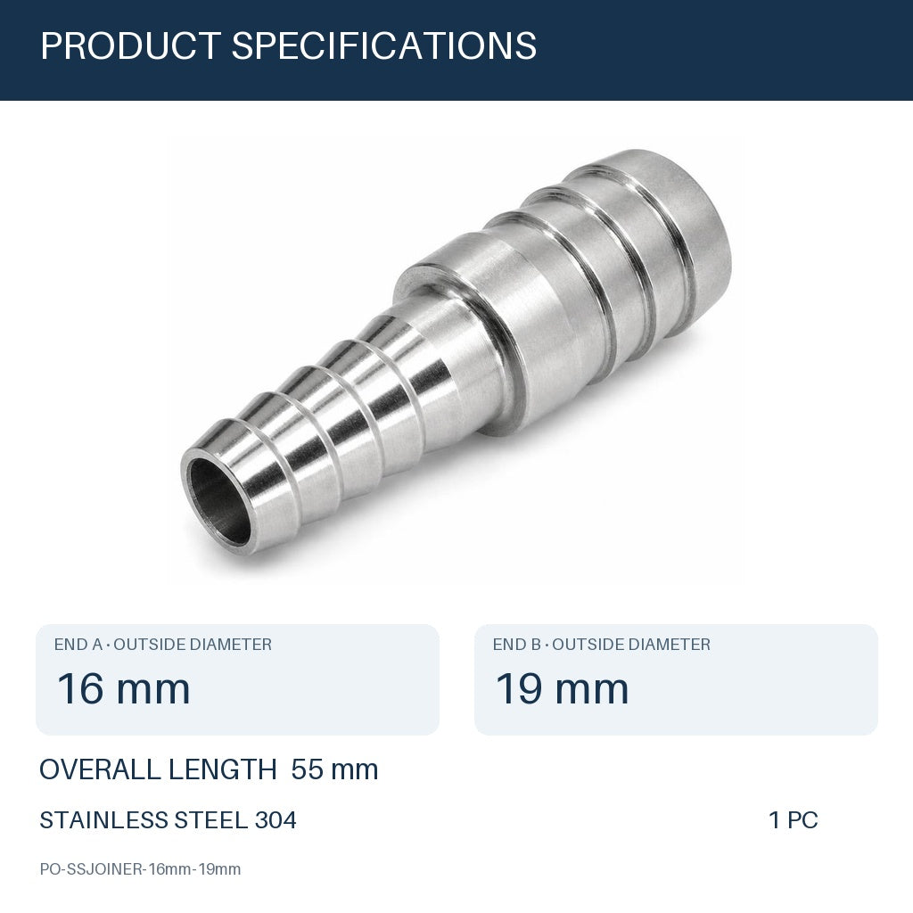 MC Motoparts 304 stainless steel 16mm to 19mm hose barb reducer joiner coupler, 50mm straight fitting specs