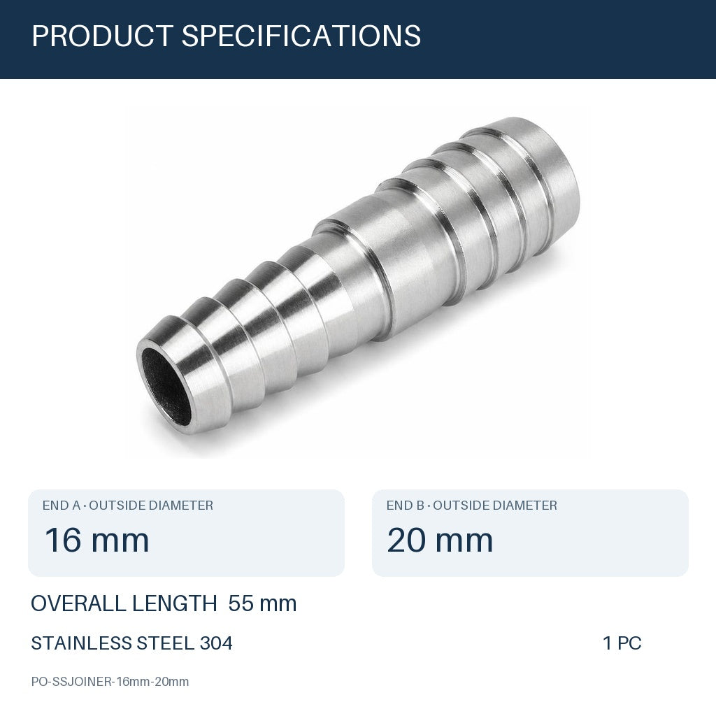 MC Motoparts 304 stainless steel hose barb reducer adapter, 16mm to 20mm straight 50mm coupler fitting
