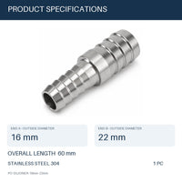 MC Motoparts 304 stainless steel 16mm to 22mm hose barb reducer joiner coupler, 50mm straight fitting specs