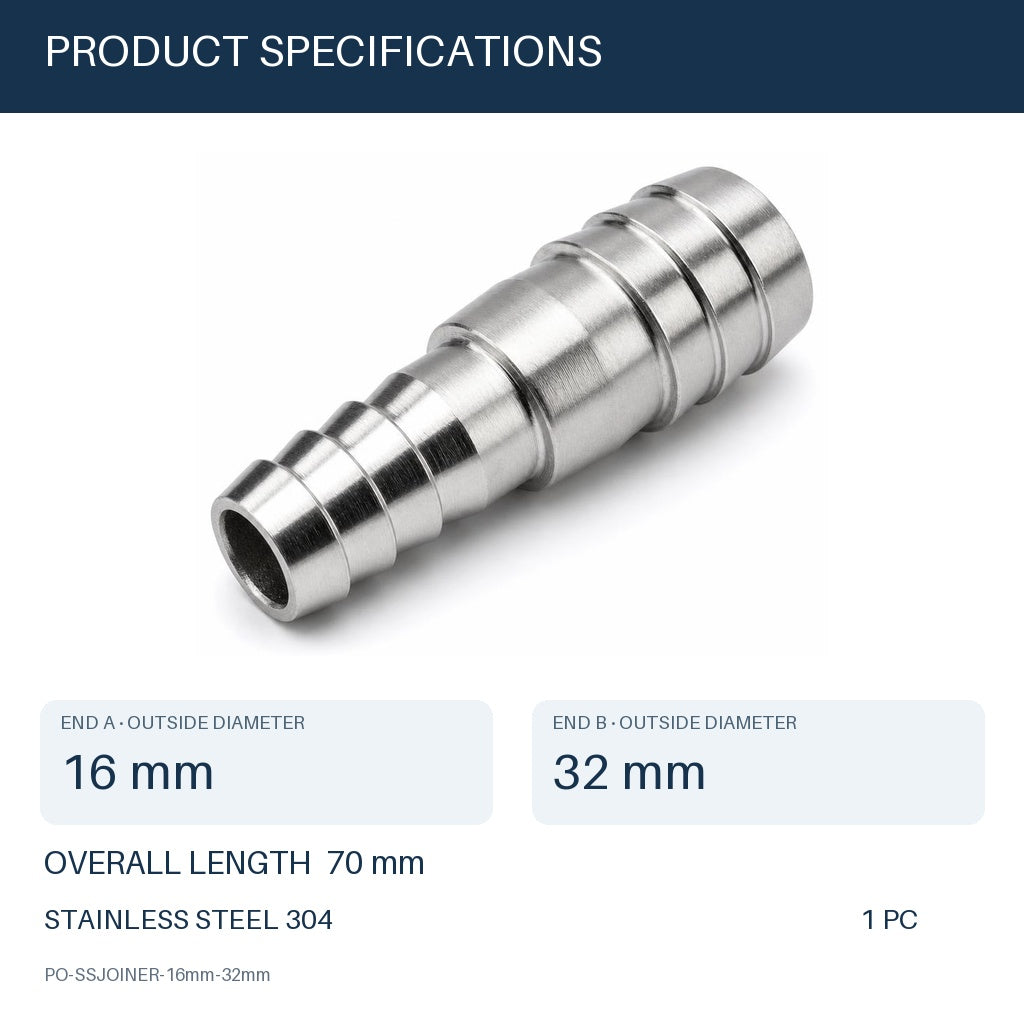 MC Motoparts 16mm to 32mm 304 stainless steel hose barb reducer joiner coupler, 50mm straight fitting