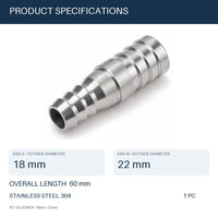 MC Motoparts 18mm to 22mm 304 stainless steel hose barb reducer joiner coupler, 50mm straight adapter