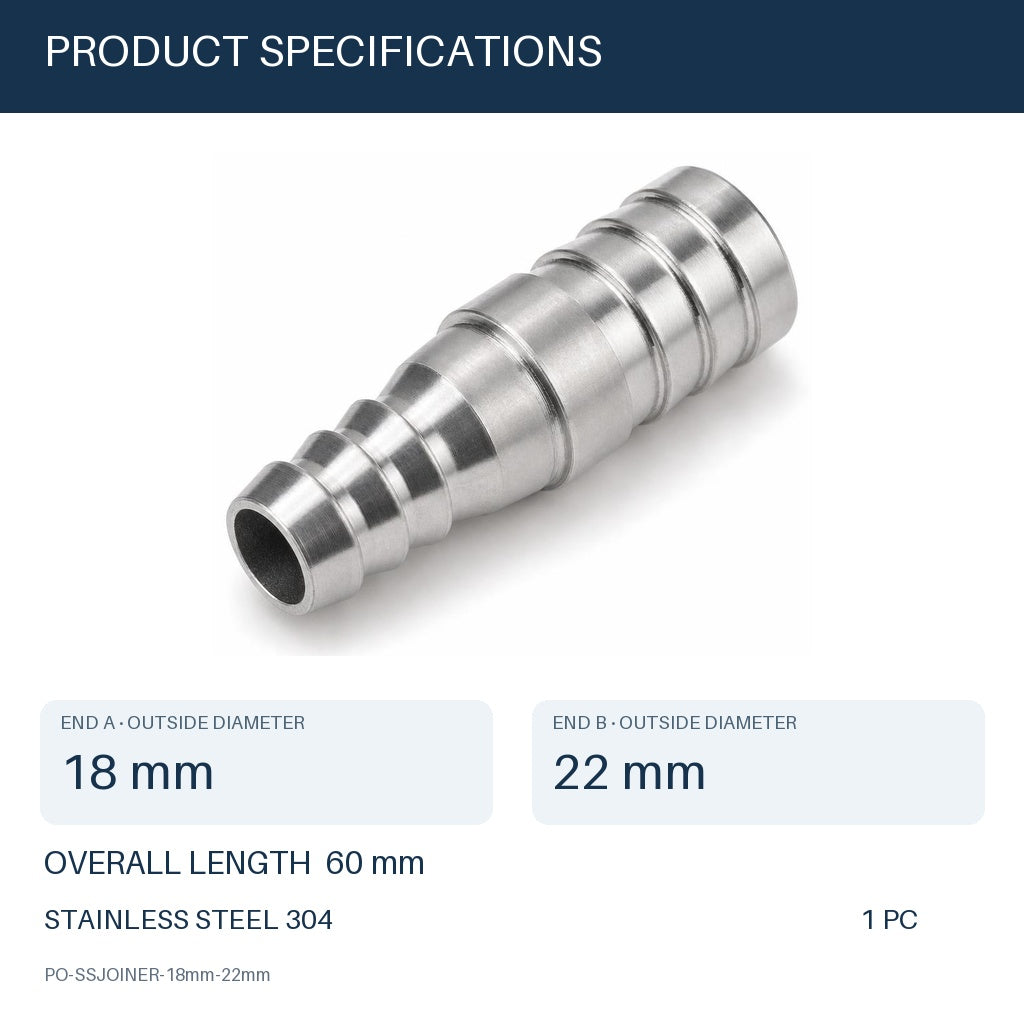 MC Motoparts 18mm to 22mm 304 stainless steel hose barb reducer joiner coupler, 50mm straight adapter