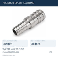 MC Motoparts 304 stainless steel 20mm to 38mm hose barb reducer joiner coupler, 50mm straight fitting