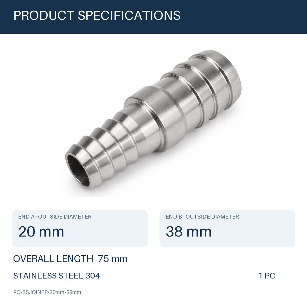 MC Motoparts 304 stainless steel 20mm to 38mm hose barb reducer joiner coupler, 50mm straight fitting