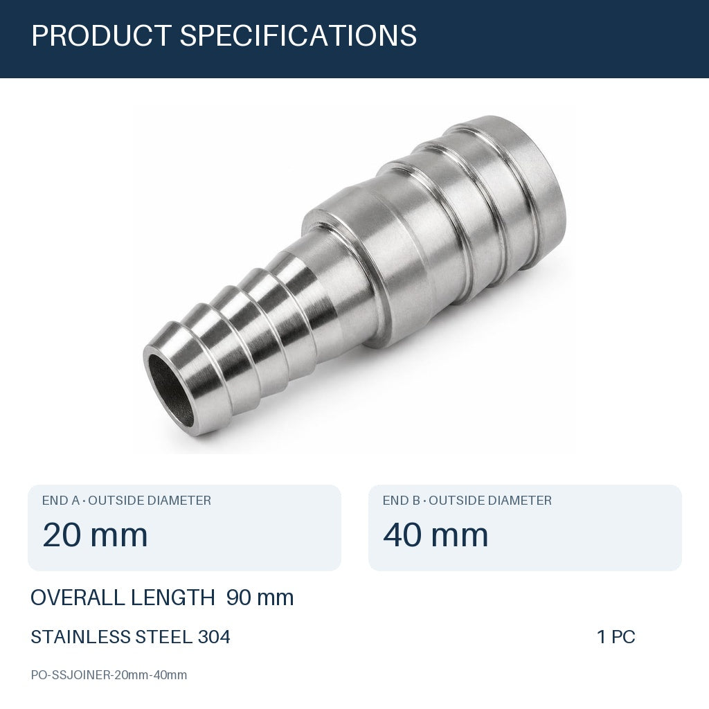 MC Motoparts 304 stainless steel hose barb reducer adapter, 20mm to 40mm, 50mm straight fitting with dimensions