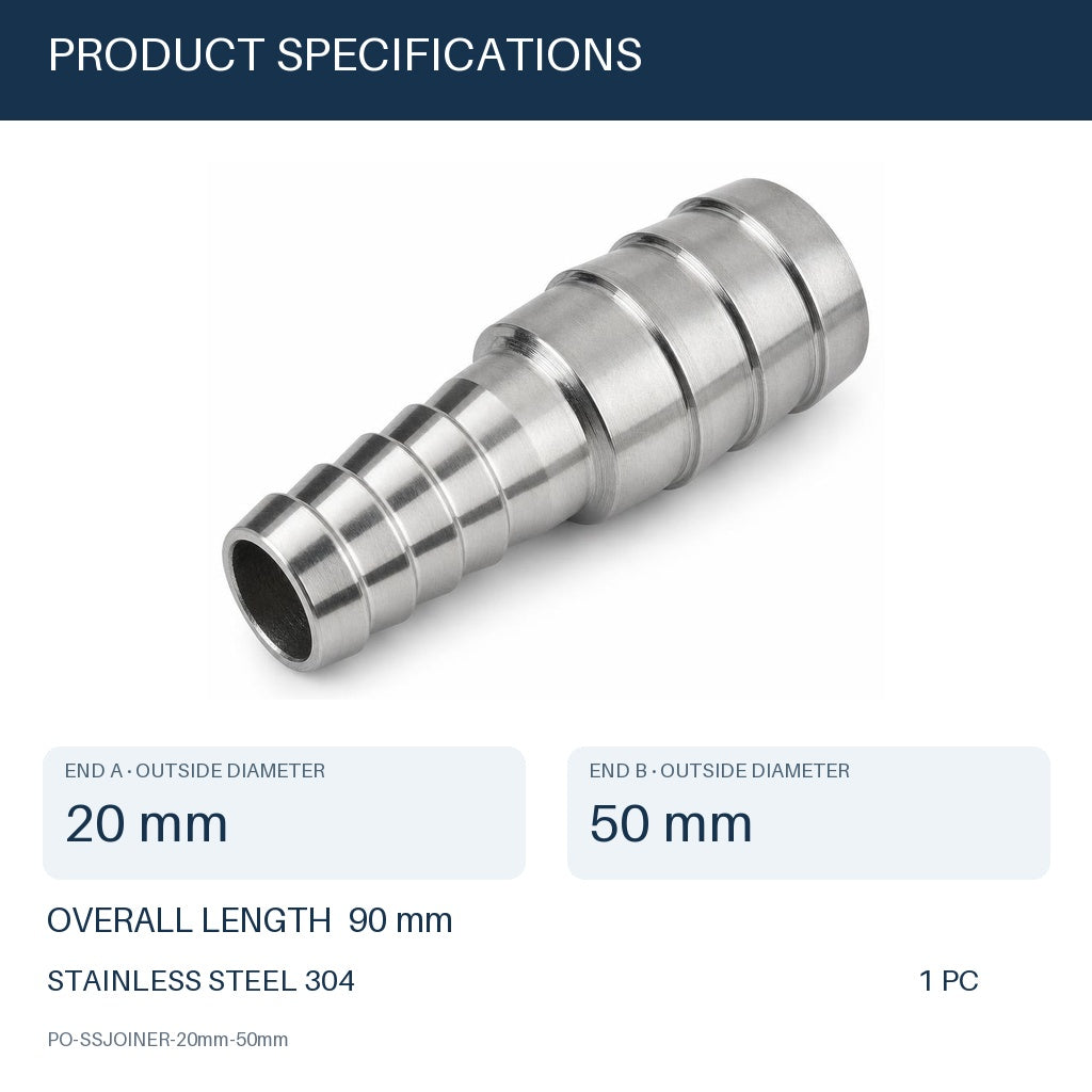 MC Motoparts 304 stainless steel 20mm to 50mm hose barb reducer joiner coupler, straight fitting with specs