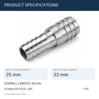 MC Motoparts 304 stainless steel hose barb reducer adapter, 25mm to 32mm straight 50mm coupler
