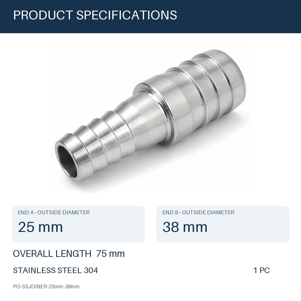 MC Motoparts 304 stainless steel hose barb reducer adapter, 25mm to 38mm, 50mm straight coupler