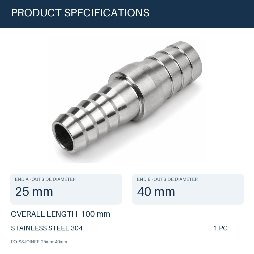 MC Motoparts 304 stainless steel hose barb reducer adapter, 25mm to 40mm, 50mm straight fitting specifications