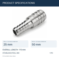 MC Motoparts 304 stainless steel hose barb reducer adapter, 25mm to 50mm straight joiner coupler