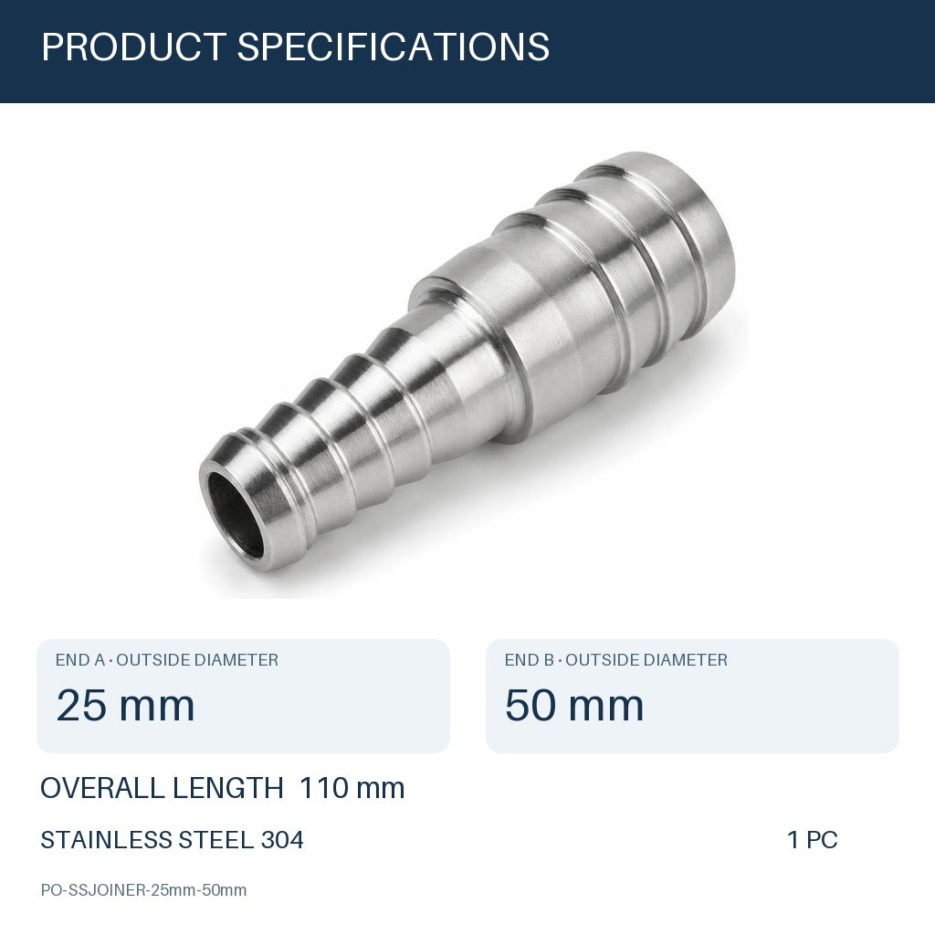 MC Motoparts 304 stainless steel hose barb reducer adapter, 25mm to 50mm straight joiner coupler