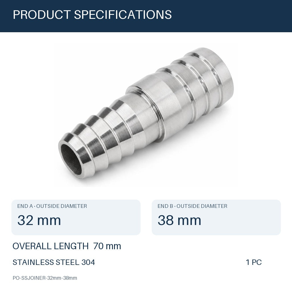 MC Motoparts 32mm to 38mm 304 stainless steel hose barb reducer joiner coupler, 50mm straight fitting