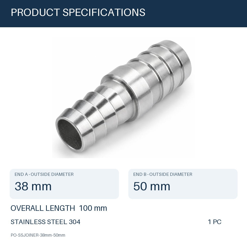 38mm to 50mm (1.50 in to 1.97 in) 304 Stainless Steel Hose Barb Reducer Joiner Coupler, 100mm Straight Fitting