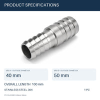 40mm to 50mm (1.57 in to 1.97 in) 304 Stainless Steel Hose Barb Reducer Joiner Coupler, 100mm Straight Fitting