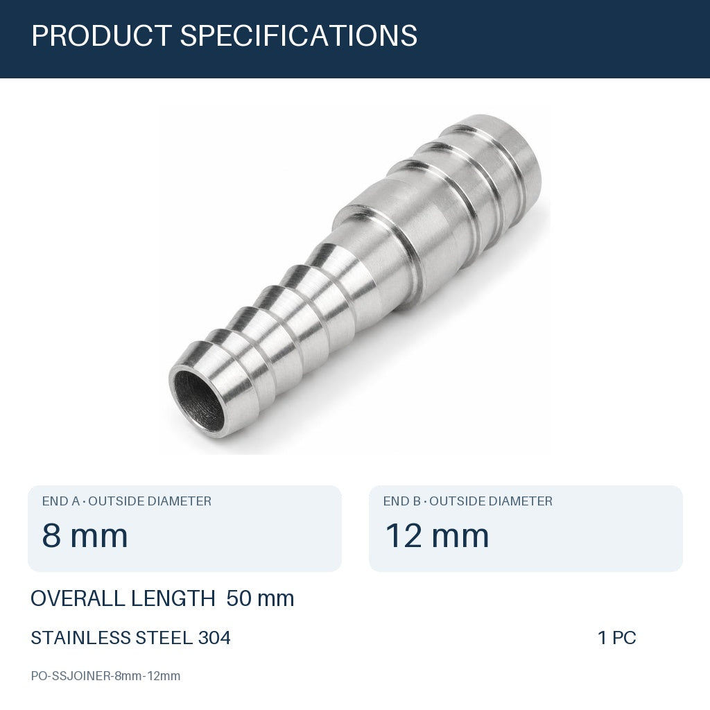 MC Motoparts 8mm to 12mm 304 stainless steel hose barb reducer joiner coupler, 50mm straight fitting specifications