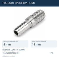 MC Motoparts 304 stainless steel 8mm to 13mm hose barb reducer joiner coupler, 50mm straight fitting