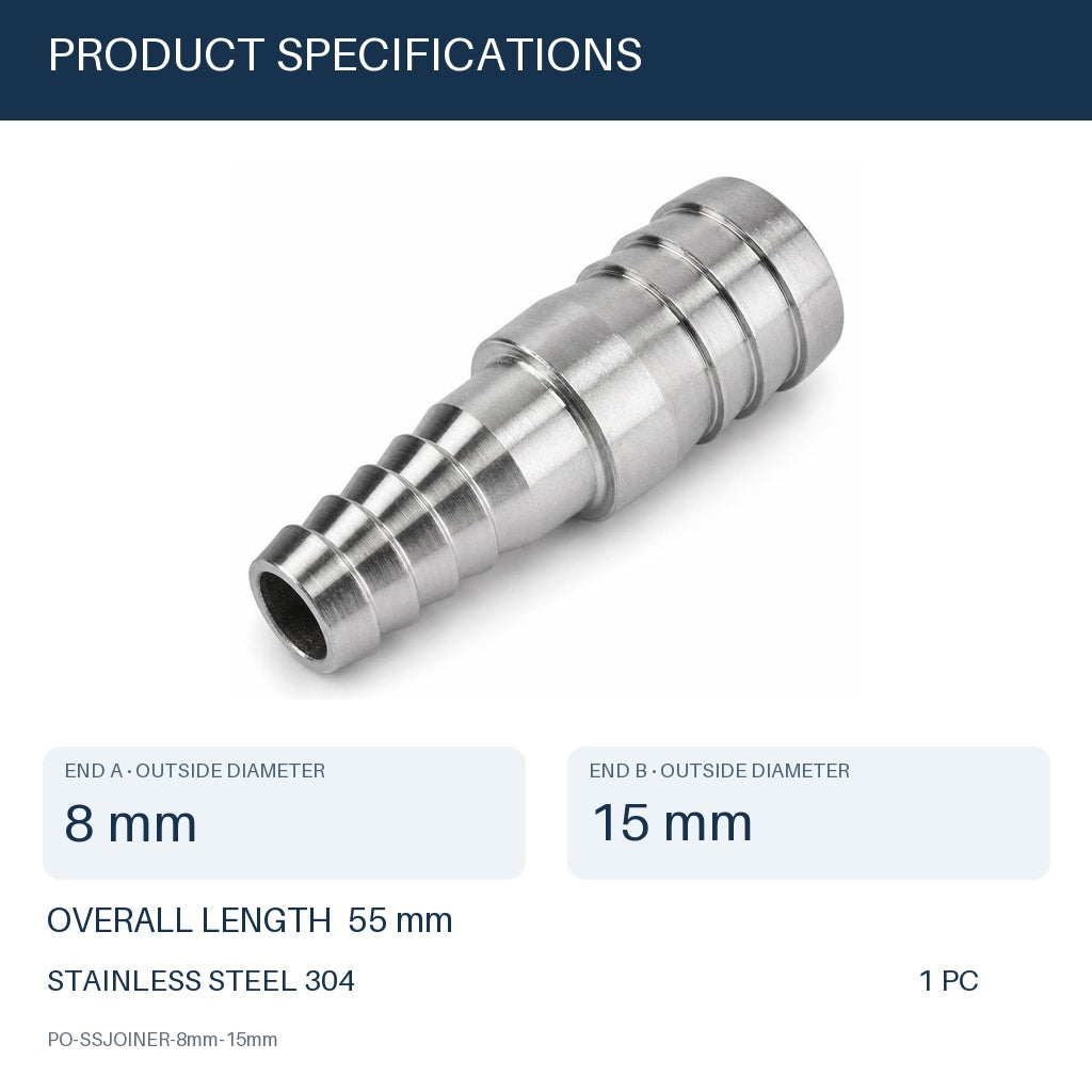 MC Motoparts 304 stainless steel 8mm to 15mm hose barb reducer joiner coupler, 50mm straight fitting with specs