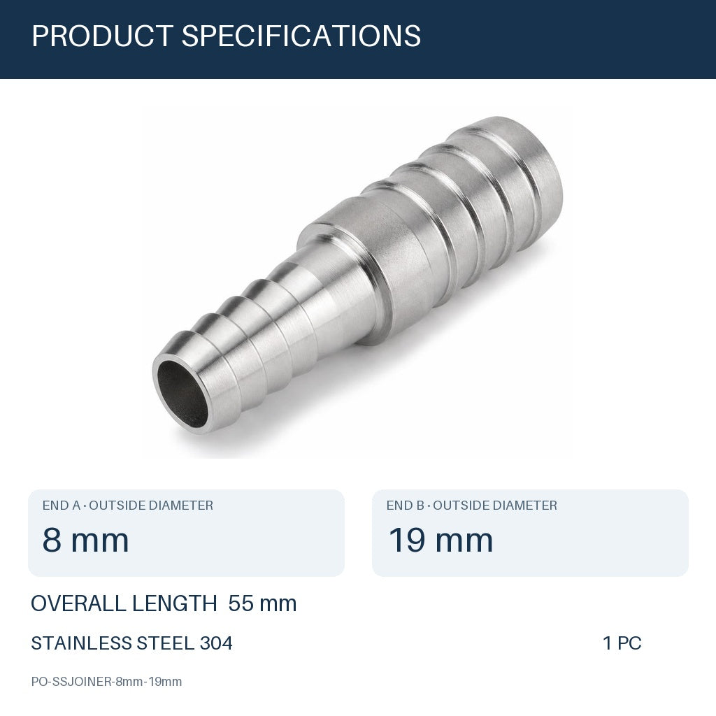 MC Motoparts 8mm to 19mm stainless steel hose barb reducer joiner coupler, 50mm straight fitting specs