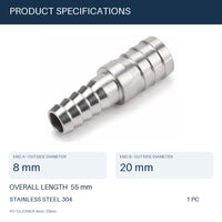 MC Motoparts 304 stainless steel 8mm to 20mm hose barb reducer joiner coupler, 50mm straight fitting