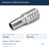 MC Motoparts 304 stainless steel 8mm to 25mm hose barb reducer joiner coupler, 50mm straight fitting
