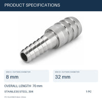 MC Motoparts 304 stainless steel hose barb reducer adapter, 8mm to 32mm, 50mm straight coupler