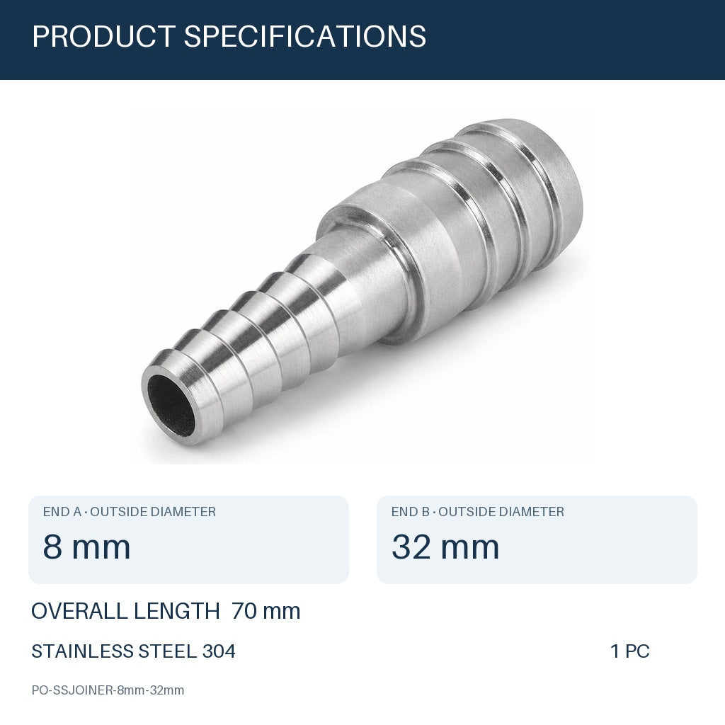MC Motoparts 304 stainless steel hose barb reducer adapter, 8mm to 32mm, 50mm straight coupler