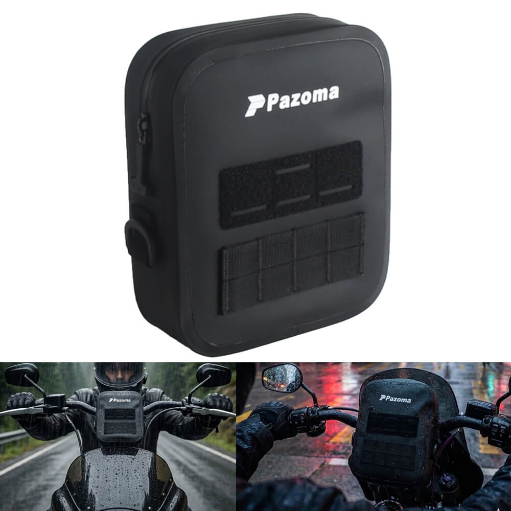 Pazoma waterproof motorcycle handlebar bag with tactical design, fits Harley Softail, Dyna, and Sportster models, mounted on handlebars.