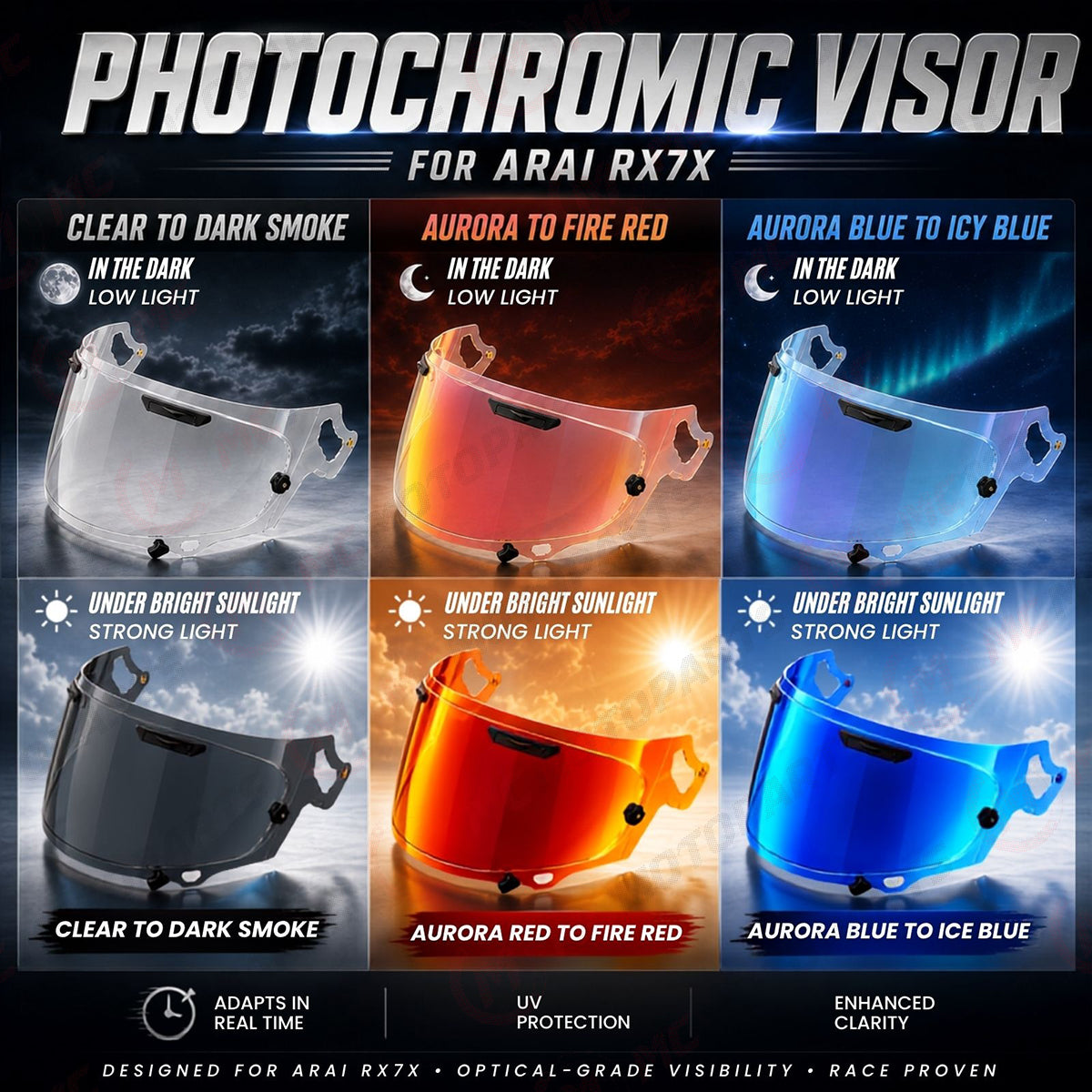 For Arai VAS-V Photochromic Replacement Visor - RX-7X / RX-7V / RX-7V EVO, Corsair-X, Quantic, Chaser-X, QV-Pro, Rapide-Neo / Concept-X, Astro-GX - Self-Tinting