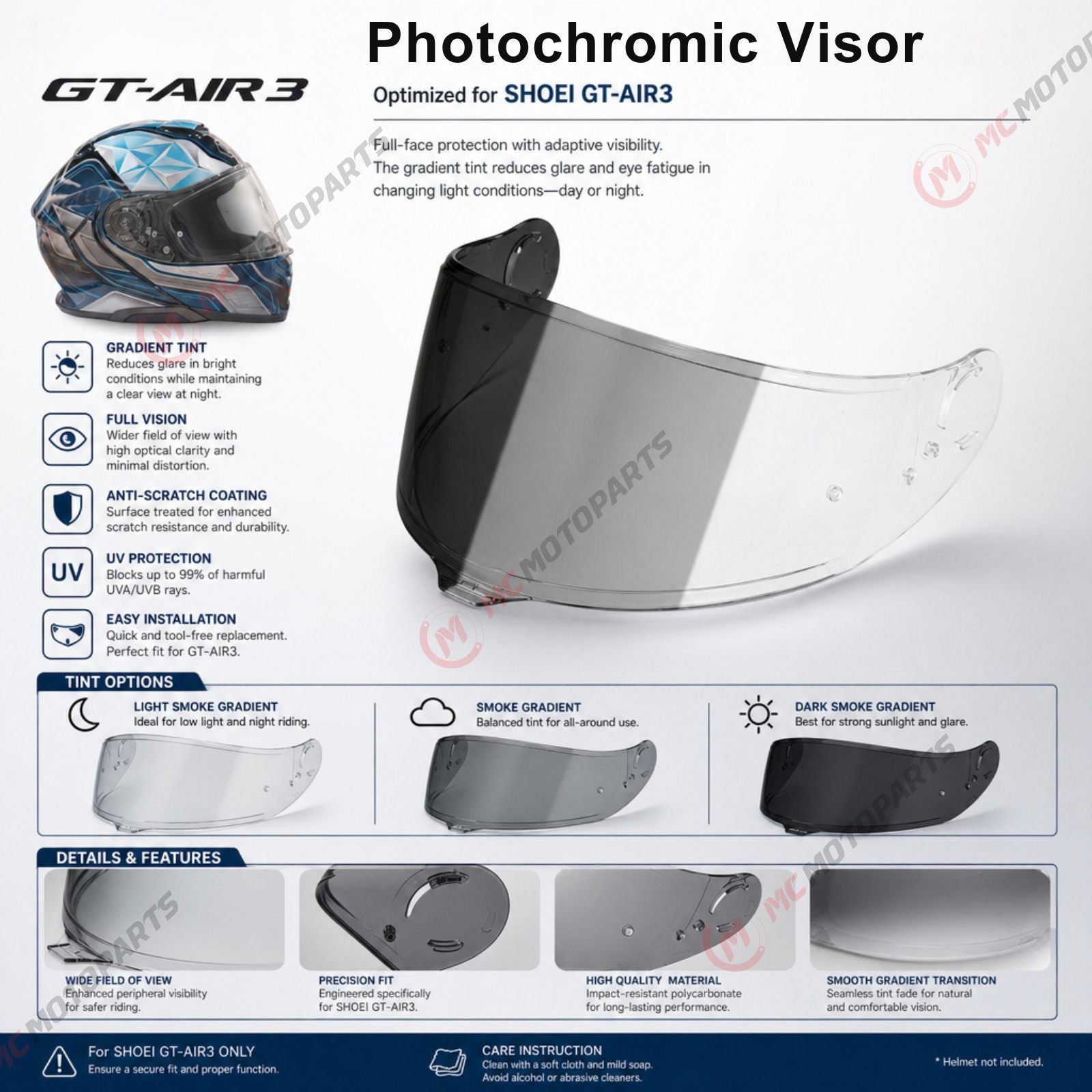 ecran photochromique shoei gt air PSLER Visire de Casque pour GT Air 2 TC-5 TC-9 Neotec CNS-1, Visire Teinte pour Casque Moto Accessoires(Photochromique) Visire photochromique pour SHOEI GT