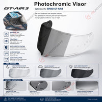 Photochromic tinted helmet visor for Shoei GT-Air 3, MC Motoparts replacement visor with CNS-1C finish and reflective tint.
