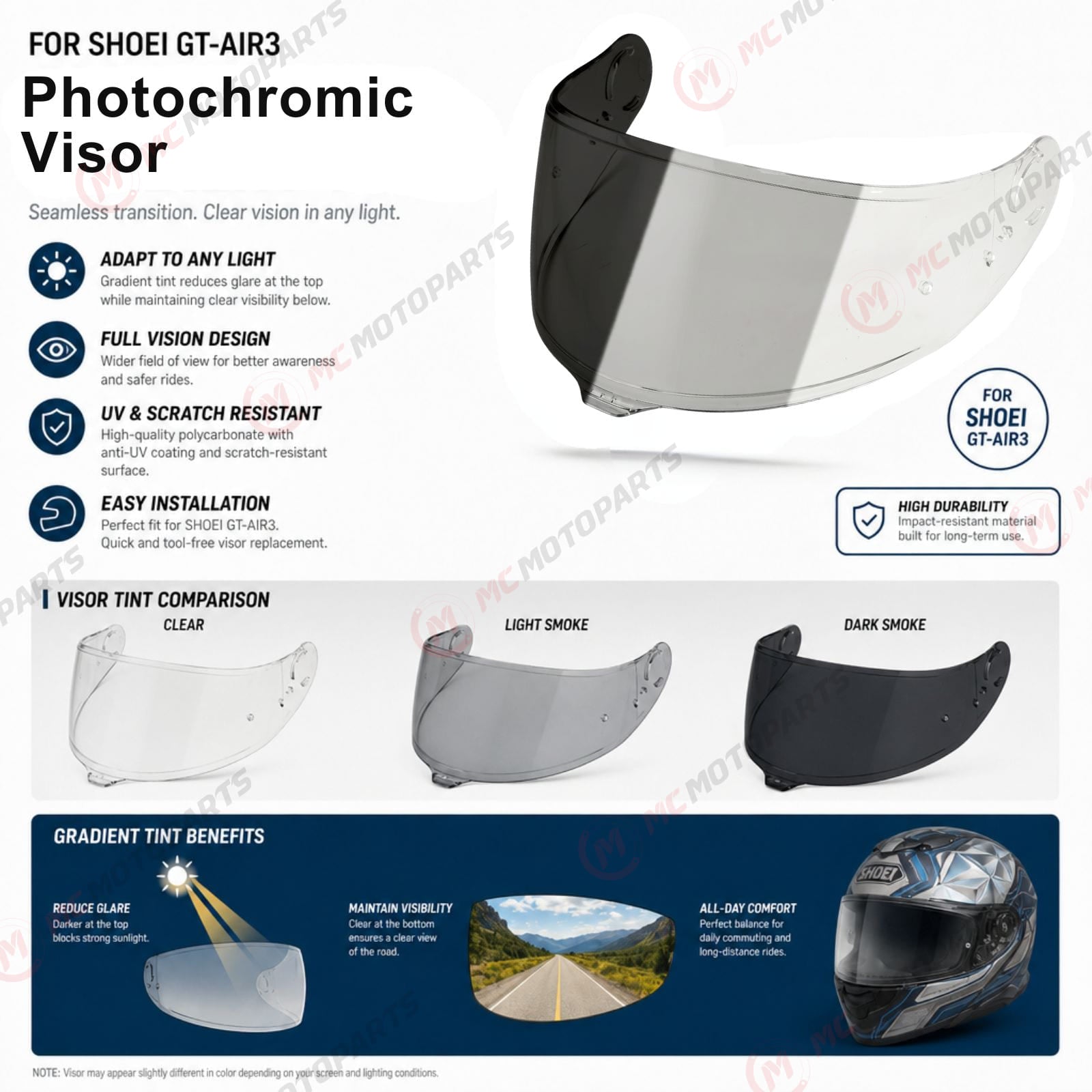 Photochromic tinted helmet visor for Shoei GT-Air 3, MC Motoparts replacement CNS-1C helmet visor with reflective finish.