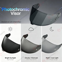 Photochromic tinted helmet visor for Shoei GT-Air 3, replacement CNS-1C visor by MC Motoparts with reflective finish.