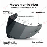Photochromic tinted helmet visor for Shoei GT-Air 3, MC Motoparts replacement visor, showing reflective finish and detail.