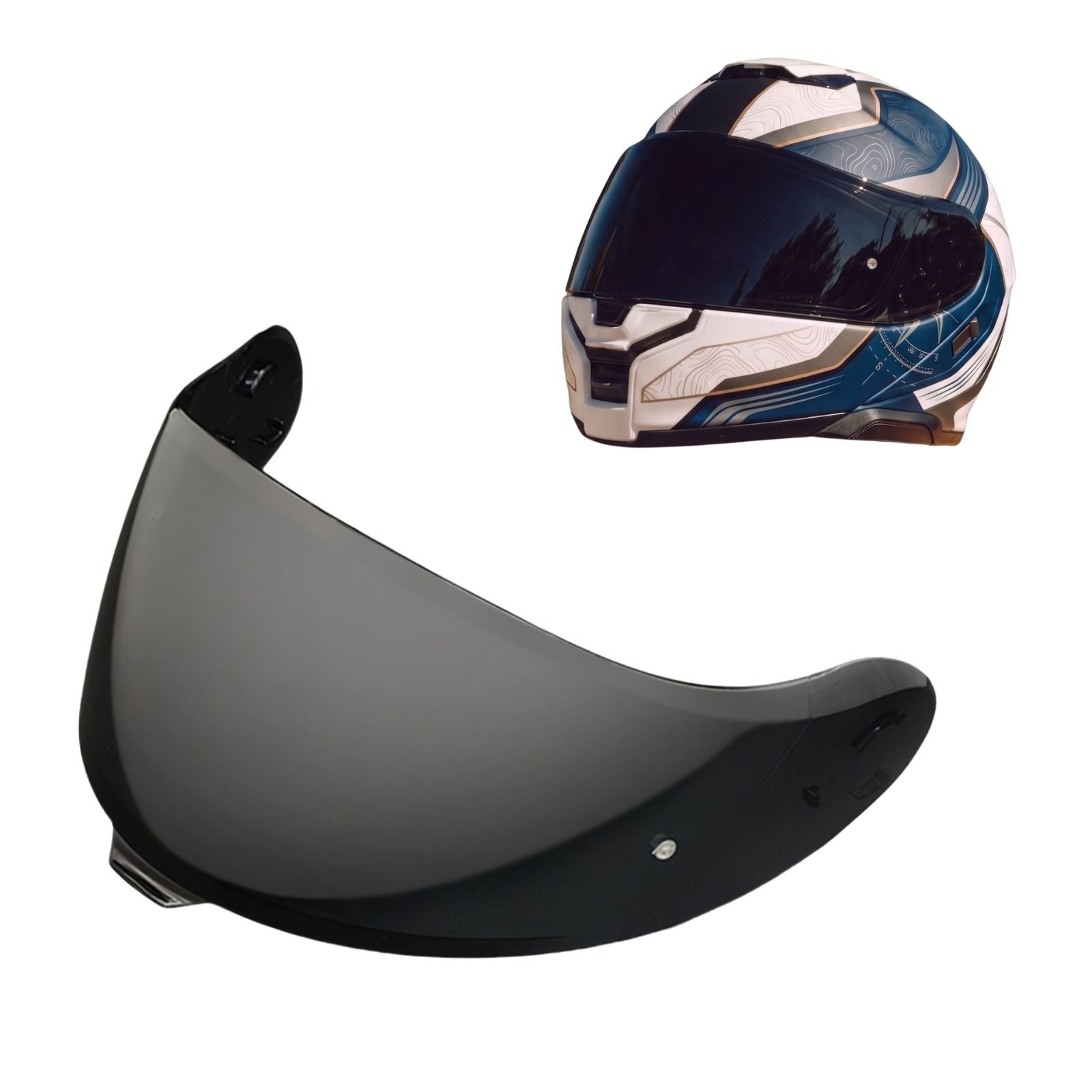 Tinted and Spectra Mirror finishes Shoei Neotec 3 helmet visor by MC Motoparts, designed for daytime riding visibility.