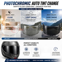 Photochromic tinted helmet visor for Shoei Neotec 3 by MC Motoparts, featuring a sleek, reflective finish and clear viewing area.