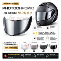 Photochromic tinted helmet visor for Shoei Neotec 3, MC Motoparts replacement CNS-3C helmet visor with reflective finish.