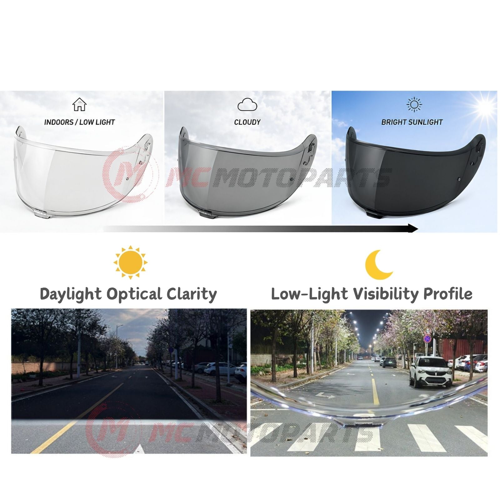 Photochromic Shoei Neotec 3 helmet visor by MC Motoparts, tinted finish, showing the adjustable, tinted helmet visor for riders.